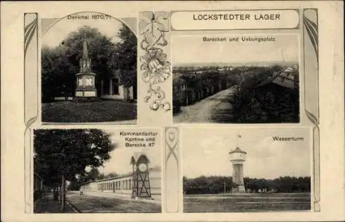 Ak Lockstedt in Holstein, Lockstedter Lager, Wasserturm, Baracken, Übungsplatz, Denkmal 1870/71