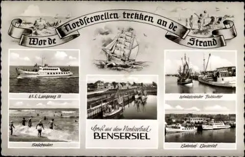 Ak Bensersiel Esens in Ostfriesland, heimkehrender Fischkutter, Bahnhof, M.S. Langeoog III