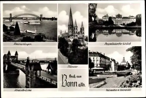 Ak Bonn am Rhein, Münster, Poppelsdorfer Schloss, Rheinanlagen, Rheinbrücke, Kaiserplatz