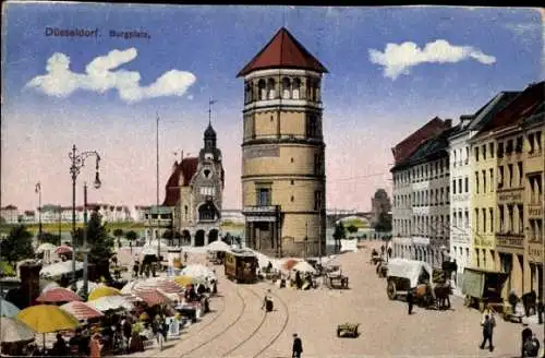 Ak Düsseldorf am Rhein, Burgplatz, Straßenbahn, Markt, Turm