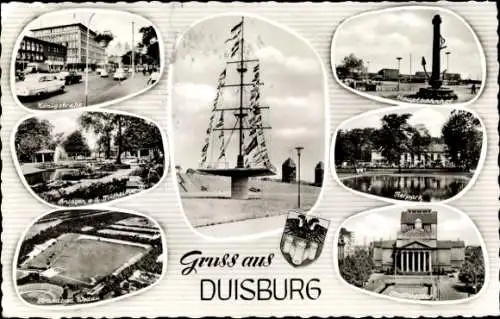 Ak Duisburg im Ruhrgebiet, Königstraße, Hauptbahnhof, Wappen, Stadttheater, Strandbad