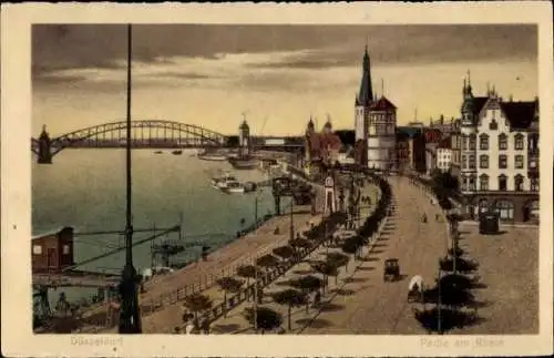 Ak Düsseldorf am Rhein, Teilansicht, Rheinpartie, Promenade, Brücke, Anleger, Kirchturm