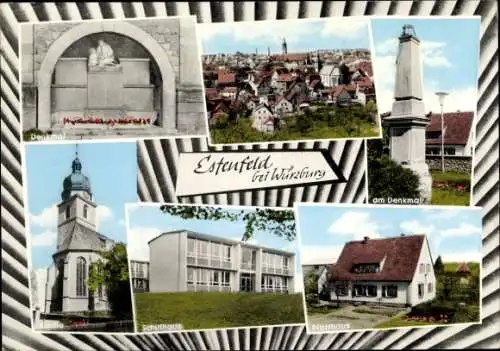 Ak Estenfeld in Unterfranken, Teilansicht, Denkmal, Kirche, Schulhaus, Pfarrhaus