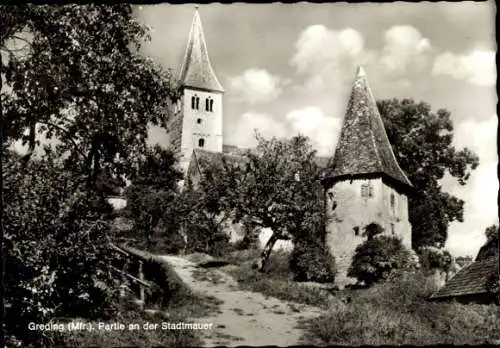 Ak Greding Mittelfranken, Stadtmauer, Kirchturm