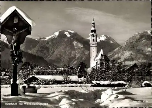 Ak Flintsbach am Inn Oberbayern, Teilansicht, Kirche, Winter, Wendelsteingruppe