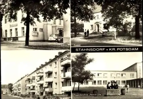 Ak Stahnsdorf in Brandenburg, Postamt, Rathaus, Neubausiedlung, Tagesoberschule Heinrich Zille