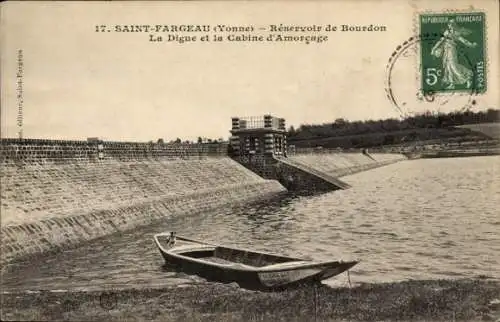 Ak Saint Fargeau Yonne, Reservoir de Bourdon, La Digue und die Booting Cabin