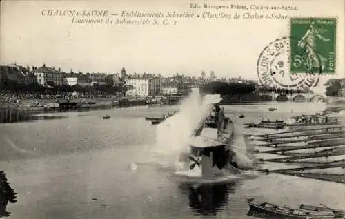 Ak Chalon sur Saône Saône et Loire, Schneider-Einrichtungen, Baustellen, Stapellauf des Tauchboots