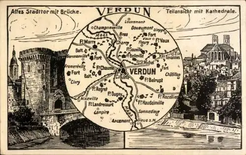 Landkarten Ak Verdun Meuse, Teilansicht mit der Kathedrale, Altes Stadttor mit Brücke