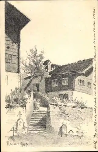 Künstler Ak Vissoie Kanton Wallis, Häuser, Treppe