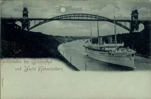 Mondschein Ak Grünental Beldorf in Schleswig Holstein, Hochbrücke Grünenthal, Yacht Hohenzollern