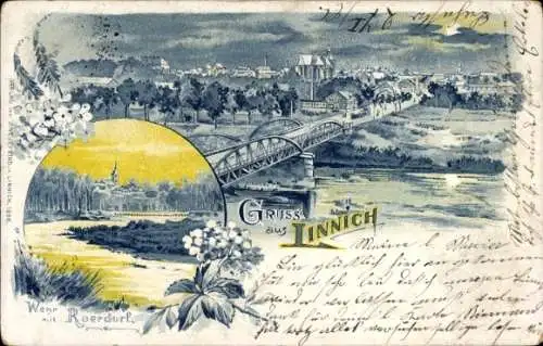 Litho Linnich in Westfalen, Gesamtansicht bei Nacht, Wehr, Roerdorf