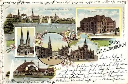 Litho Gelsenkirchen im Ruhrgebiet, Marktplatz, Neumarkt, Rathaus, Amtsgericht, Restauration