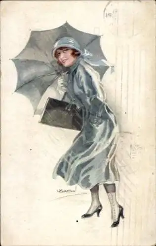 Künstler Ak Usabal, Luis, Frau im Mantel, Regenschirm