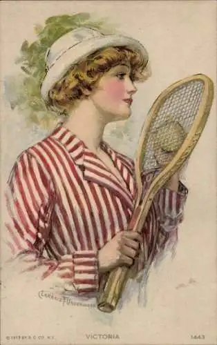 Künstler Ak Underwood, Clarence, Victoria, Frauenportrait, Tennisschläger