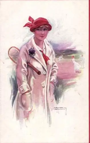 Künstler Ak Usabal, Luis, Frau im Mantel, Tennisschläger