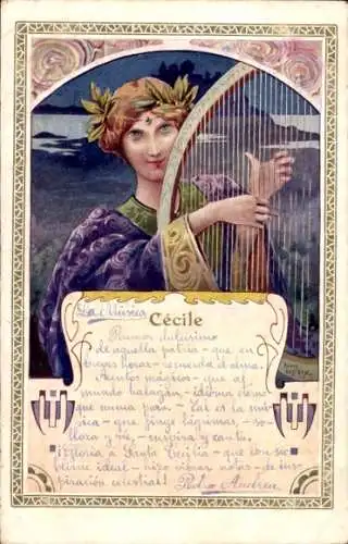 Jugendstil Künstler Ak Cecile, Frau spielt auf einer Harfe