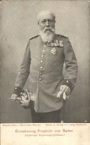 Ak Großherzog Friedrich I. von Baden, 50. Regierungsjubiläum, Uniform, Pickelhaube