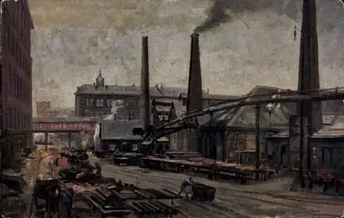 Künstler Ak Bollhagen, Otto, Essen, Friedrich Krupp AG, Gussstahlfabrik, Stammhaus, älteste Anlagen