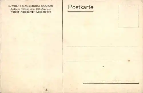 Ak Buckau Magdeburg Elbe, Fabrik Wolf, Patent Heißdampf Lokomobile, Maschinen, Motoren, Prüfung