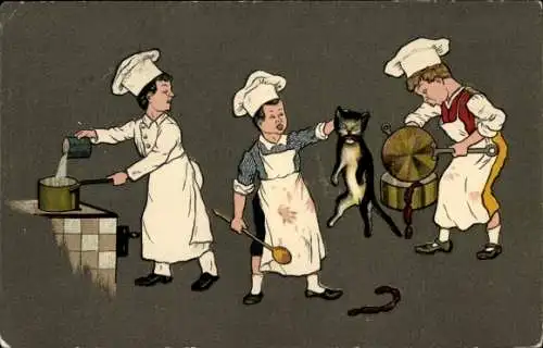 Litho Katze hat Wurst gestohlen, Köche