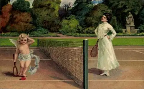 Präge Litho Frau und Engel spielen Tennis mit einem Herz als Ball, Amor