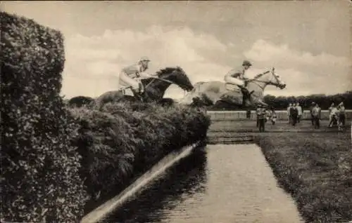 Ak Long Island New York City USA, Belmont park, Steeplechasers over the Water Jump