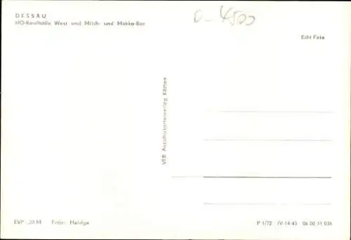 Ak Dessau in Sachsen Anhalt, HO-Kaufhalle West, Milch- und Mokka-Bar