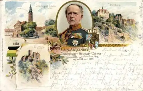 Litho Carl Alexander Großherzog v. Sachsen Weimar Eisenach, Schloss, Wappen, Dornburg, Wartburg