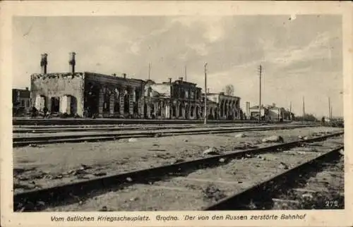 Ak Hrodna Grodno Weißrussland, Von den Russen zerstörter Bahnhof, Kriegszerstörungen