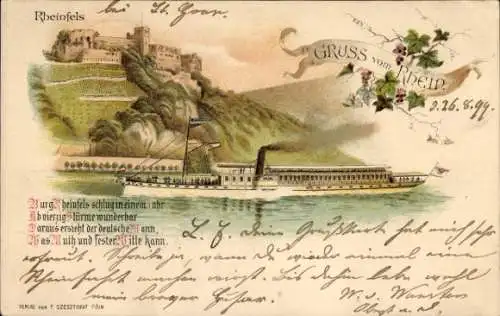 Litho St. Goar am Rhein, Burg Rheinfels, Rheindampfer