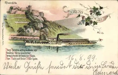 Litho St. Goar am Rhein, Burg Rheinfels, Rheindampfer