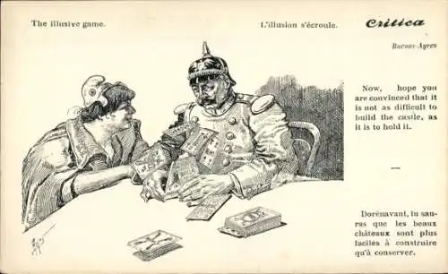 Künstler Ak Kaiser Wilhelm II., am Tisch, Zerstörtes Haus aus Spielkarten, Karikatur