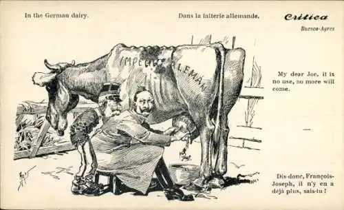 Künstler Ak Kaiser Wilhelm II. und Kaiser Franz Joseph beim Melken, Karikatur