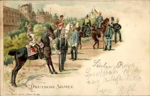 Litho Deutsche Armee, Deutsche Soldaten in Uniformen, Reiter, Ulan, Husar