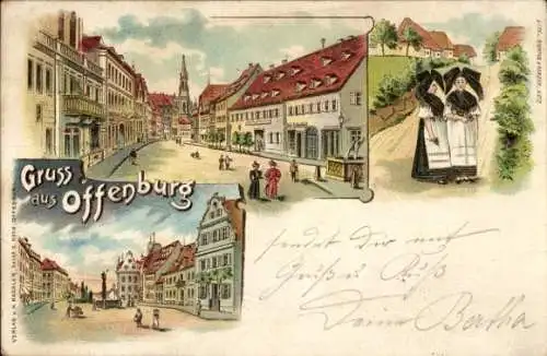 Litho Offenburg in Baden Schwarzwald, Straße, Frauen in Volkstrachten