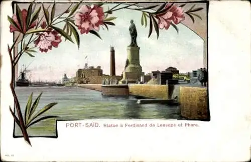 Passepartout Ak Port Said Ägypten, Statue von Ferdinand de Lesseps und Leuchtturm