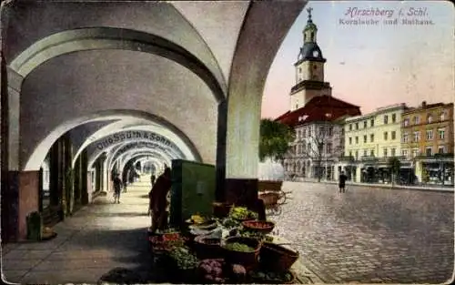 Ak Jelenia Góra Hirschberg Riesengebirge Schlesien, Kornlaube, Rathaus, Otto Spüth & Sohn