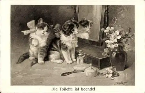 Künstler Ak Kränzle, J., Toilette ist beendet, Katzen machen sich hübsch