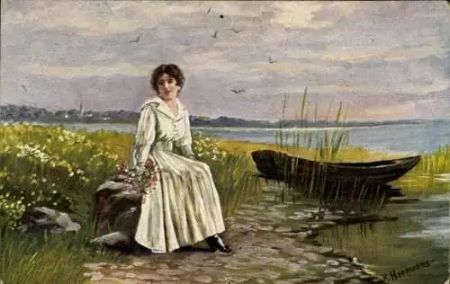 Künstler Ak Hermanns, H., Einsam, Frau in weißem Kleid, Ruderboot
