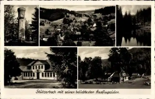 Ak Stützerbach Ilmenau Thüringer Wald, Teilansicht, Fachwerkhaus, Turm, Panorama