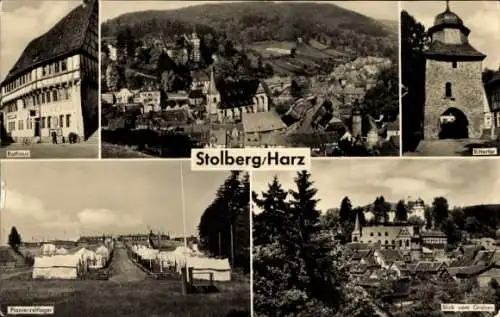 Ak Stolberg im Harz, Rathaus, Pionierzeltlager, Rittertor, Gesamtansicht