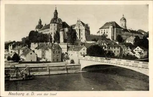 Ak Neuburg an der Donau Oberbayern, Blick von der Insel, Schloss, Brücke