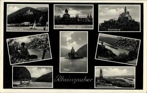 Ak Stolzenfels Koblenz am Rhein, Gesamtansicht, Deutsches Eck, Marksburg, Rheinstein, Loreley