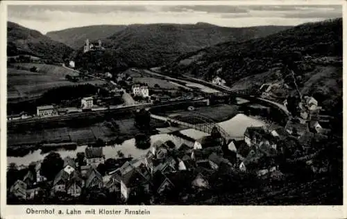 Ak Obernhof an der Lahn, Kloster Arnstein, Ortpanorama, Brücke