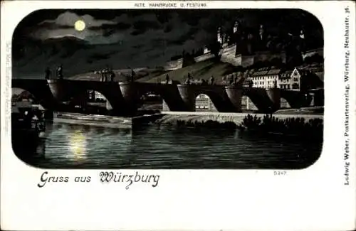 Ak Würzburg am Main Unterfranken, Alte Mainbrücke, Festung, Nacht, Mondschein