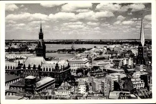 Ak Hamburg Mitte Altstadt, Rathaus, Petri-Kirche, Binnen- und Außen-Alster, Blick vom Nicolaiturm