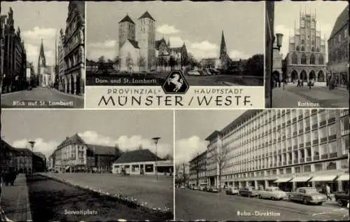 Ak Münster in Westfalen. St. Lamberti, Dom, Rathaus, Servatiplatz, Buba-Direktion