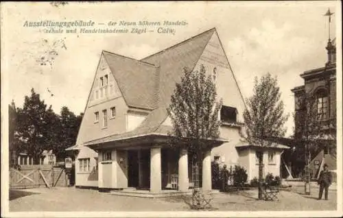 Ak Stuttgart, Bauausstellung 1908, neue höhere Handelsschule Calw, Handelsakademie Zügel