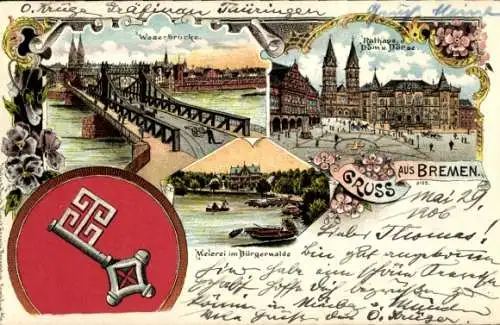 Wappen Litho Hansestadt Bremen, Rathaus, Dom, Börse, Weserbrücke, Meierei, Bürgerwald